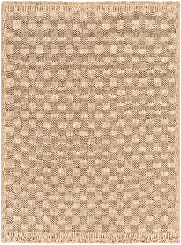 Livabliss Mirage-Cottage Tan Brown Checkerboard Fringe Jute-Look Indoor and Outdoor Rug, W: 200 cm, D: 275 cm