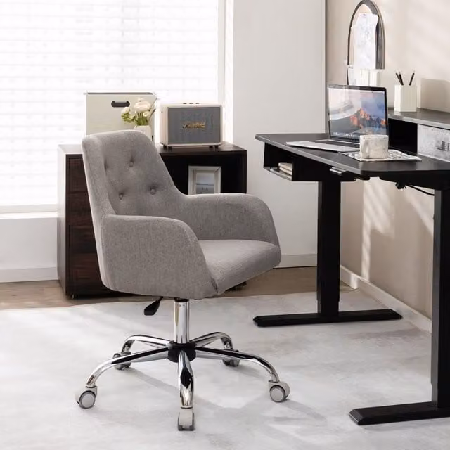 Costway Grey Modern Fabric Swivel Task Chair with Armrests for Home Office