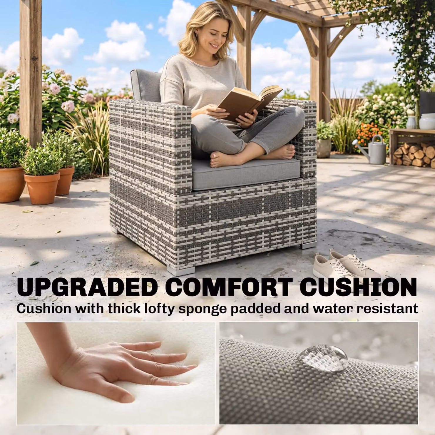Outsunny Modern Grey Rattan Outdoor Single Sofa Chair with Cushions – 4