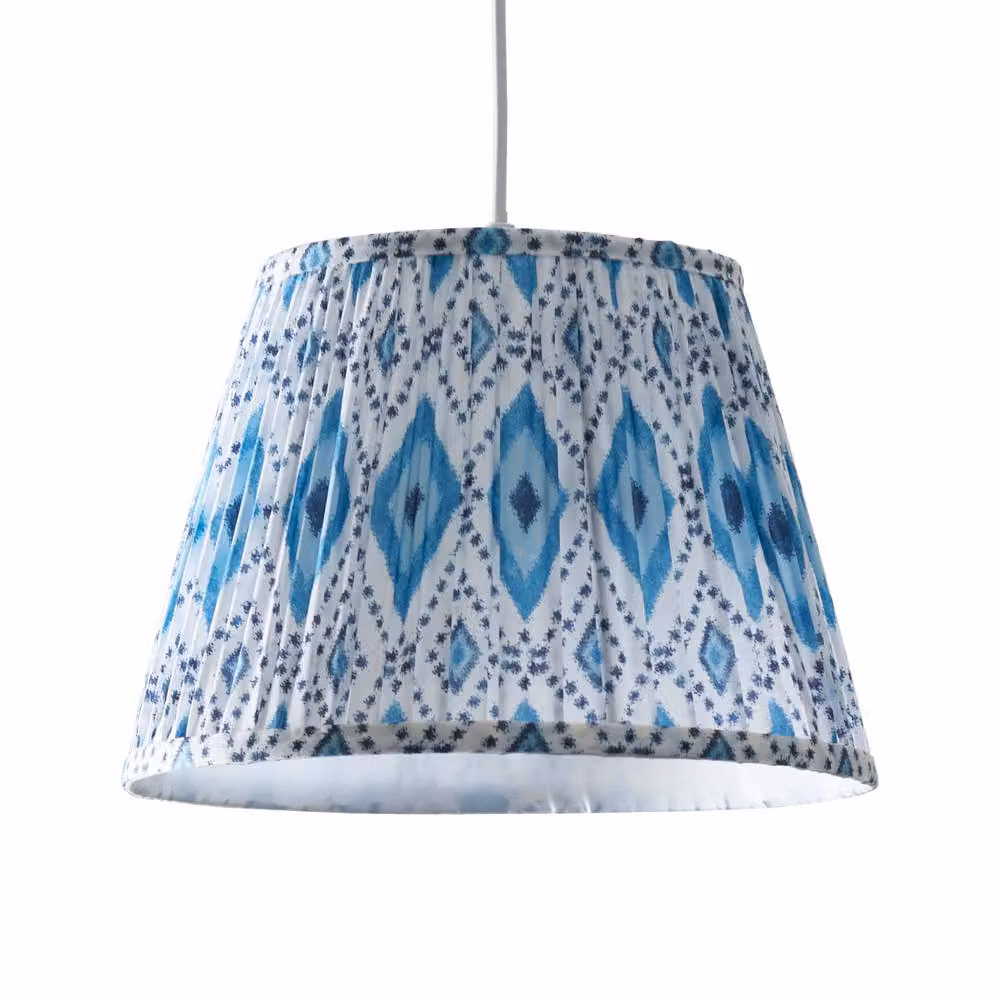 First Choice Lighting Set of 2 Blue Multicolour Ikat Fabric Easy Fit Round Pendant or Table Lampshades, Diameter: 30 cm – 2