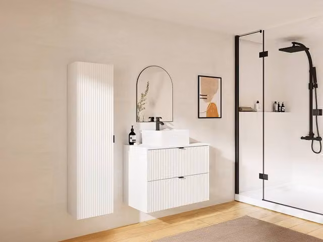 Vente-unique Striped White Bathroom Vanity Unit with Ceramic Countertop Basin, Wall Cabinet and Tall Column, W/D/H: 80 x 47 x 60 cm – 1