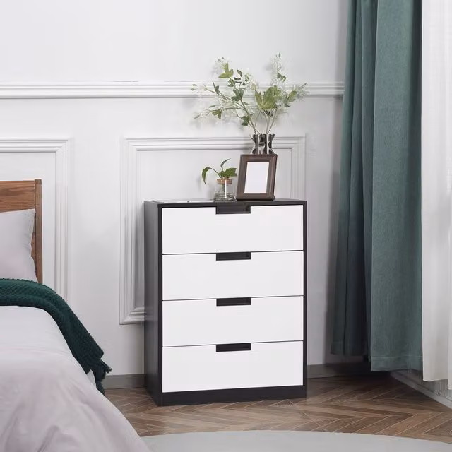 HOMCOM 4-Drawer Chest of Drawers Modern Storage Unit with Handles in White and Black