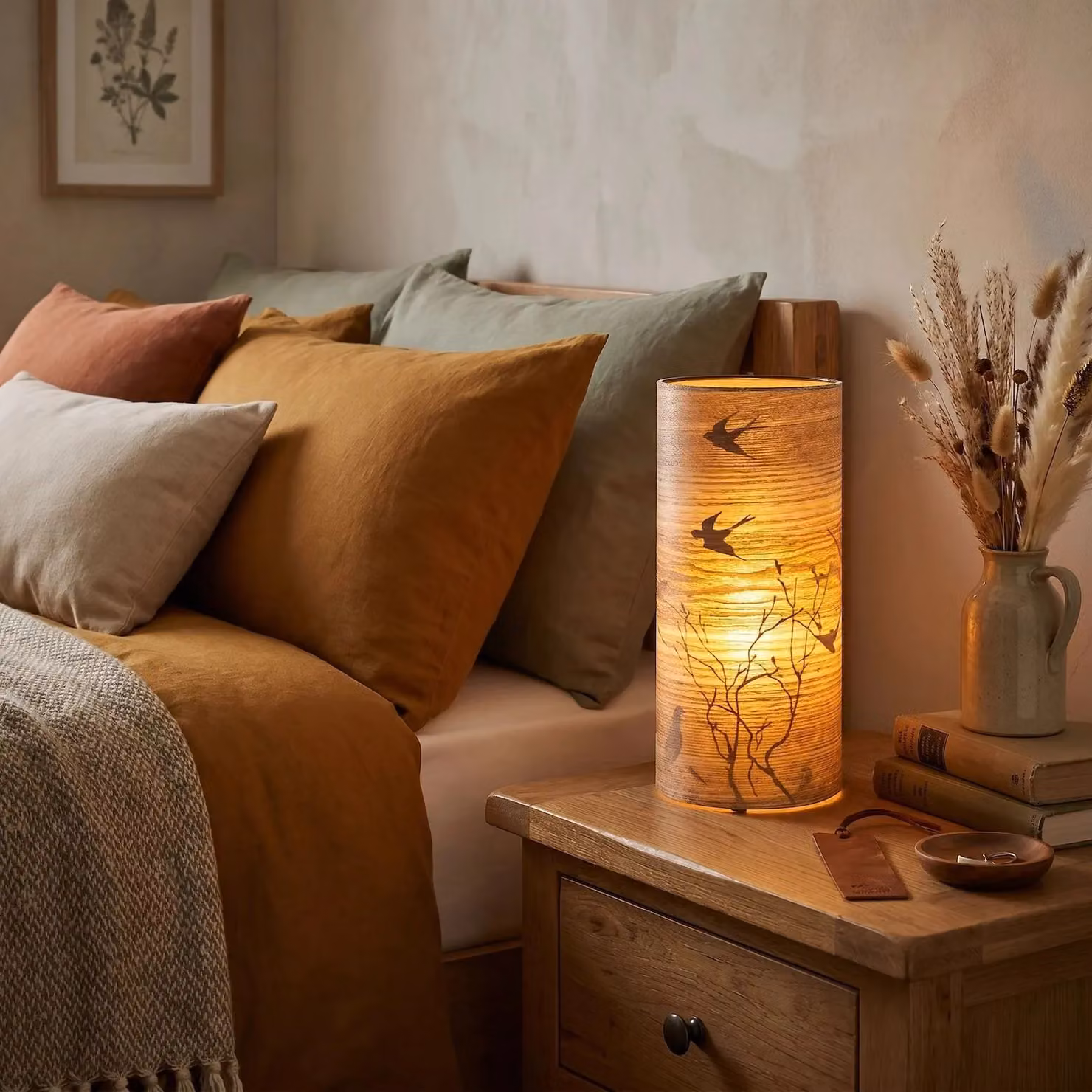 Happy Homewares Bamboo Wood Effect Table Lamp in Brown with Black Bird and Tree Design – 4