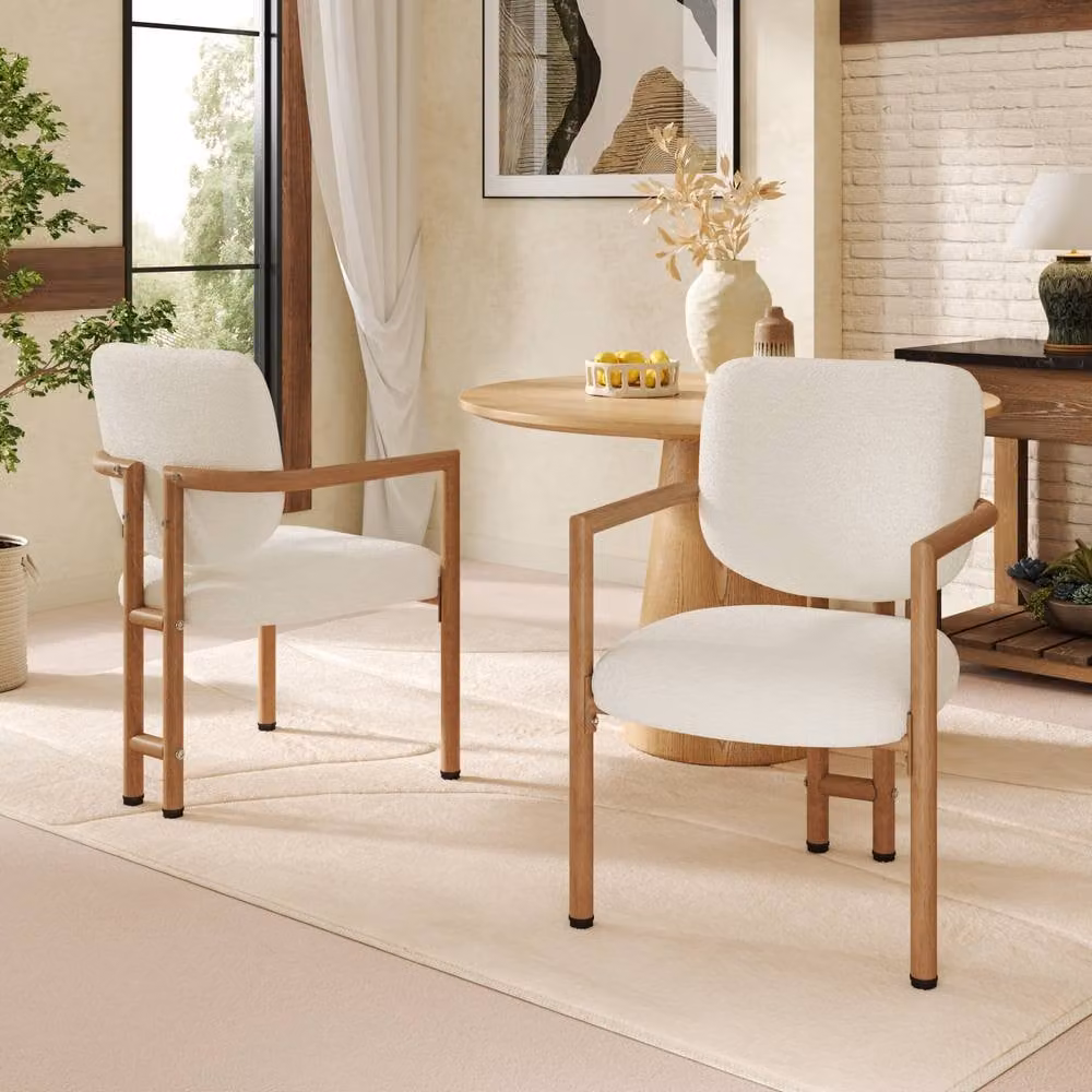 BES HOME Set of 2 Beige Bouclé Dining Chairs with Wood-Effect Metal Frame – 2