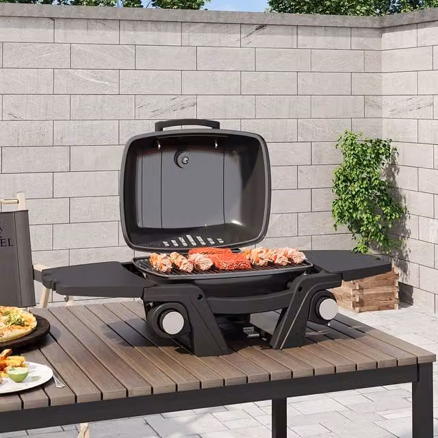 Breeins Black Portable Propane Gas Tabletop Grill with Side Tables