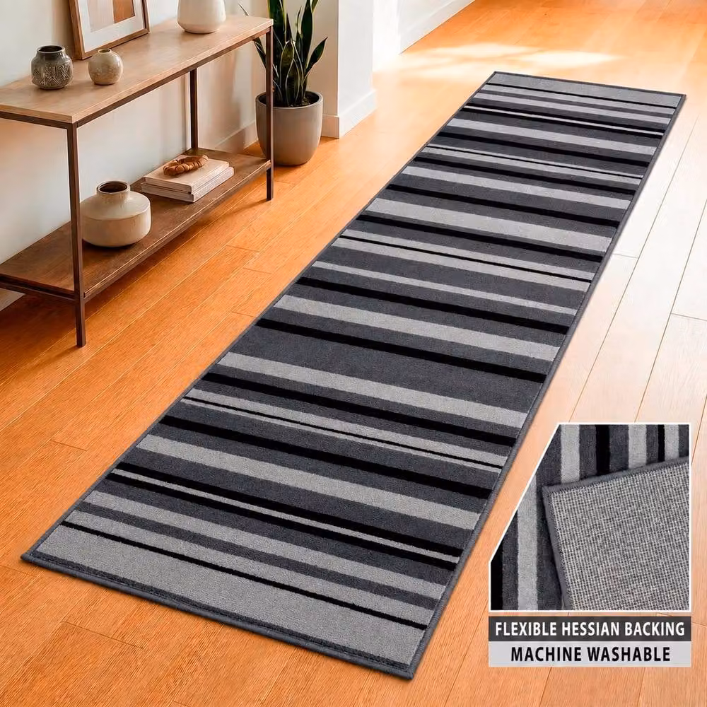 Bravich LTD Modern Striped Grey Hallway Runner Rug, Non-Slip Low Pile Polypropylene, W: 60 cm, L: 810 cm – 4