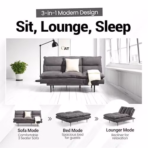 OAT Home Sennen 3 Seater Click Clack Sofa Bed in Charcoal Grey Fabric – 7