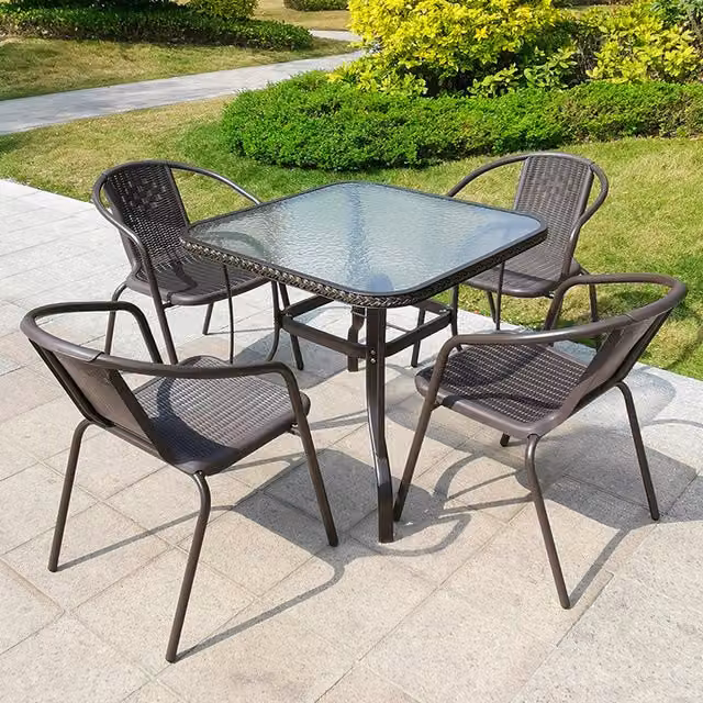 Livingandhome 4-Seater Outdoor Bistro Set with Square Glass Table and Stacking Chairs in Brown and Transparent