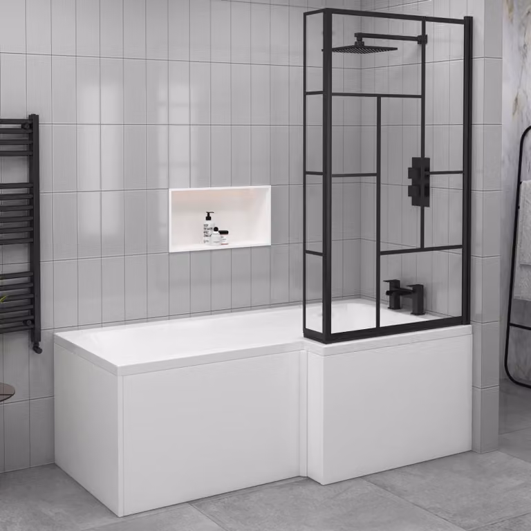 Qubix Right Hand L Shaped Shower Bath with Abstract Grid Matt Black Framed Screen, White and Black, W: 170 cm, D: 85 cm