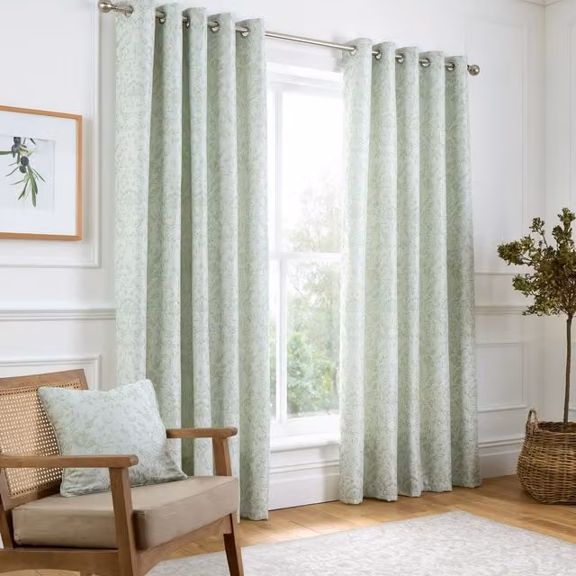 Curtina Marple Woven Jacquard Thermal Eyelet Curtains in Green, Width: 168 cm, Drop: 183 cm
