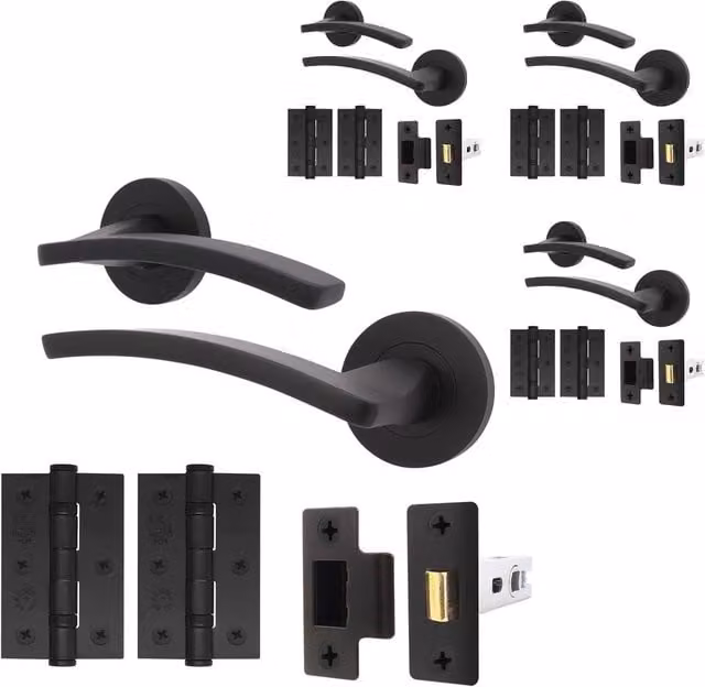 AFIT Matt Black Aluminium Door Handle Latch and Rosette Set, 4 Pack – 1