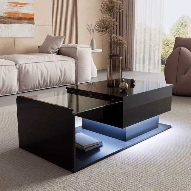 STILVORA Modern Black Rectangular Coffee Table with Lift-Top and Glass Top