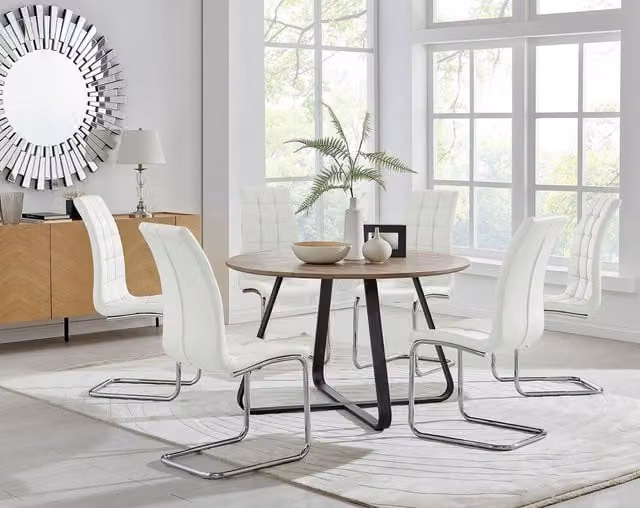 FurnitureboxUK Santorini Brown Round Dining Table and Murano Off-White Chairs Set, Diameter: 120 cm