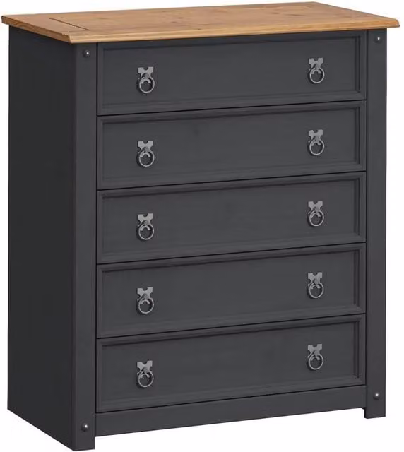 FORGEVIO 5 Drawer Small Solid Wood Chest of Drawers in Charcoal Grey Waxed Finish