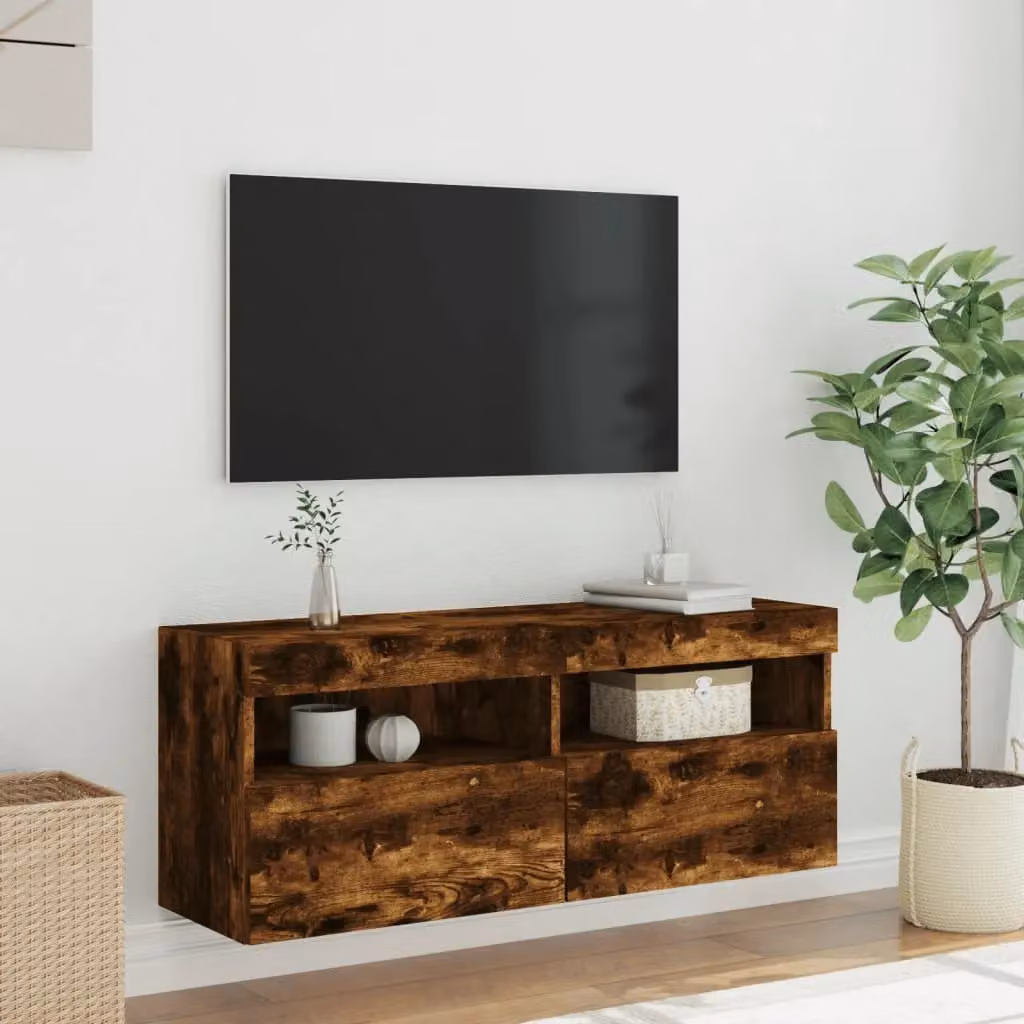 Berkfield Home Modern Wall Mounted TV Cabinet with Integrated LED Lights in Smoked Oak Brown, W/D/H: 100 x 40 x 40 cm – 5