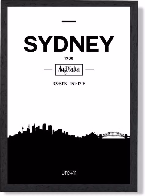 ARTZE Sydney Black and White City Skyline Framed Print, A3, Black Frame