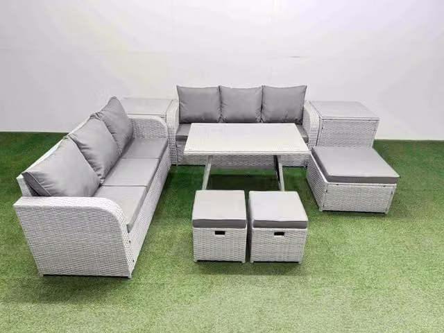 Fimous Rattan High Back Lounge Sofa Set with 3 Seater Sofa, Side Table and Stool in Light Grey