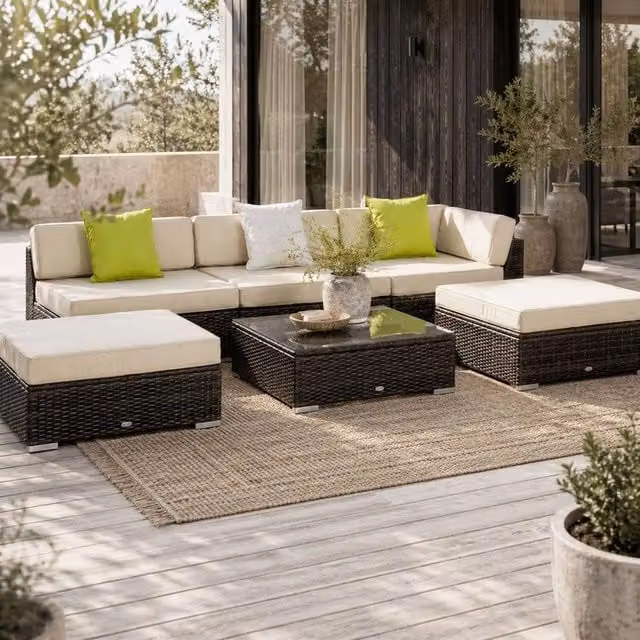 Wyld Haus Baka Brown Rattan 6 Piece Outdoor Sofa Set with Tempered Glass Coffee Table