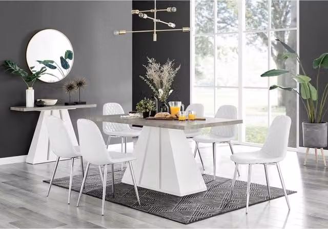 FurnitureboxUK Athens Grey Concrete Effect Rectangular Dining Table and 6 Corona Silver Chairs in White