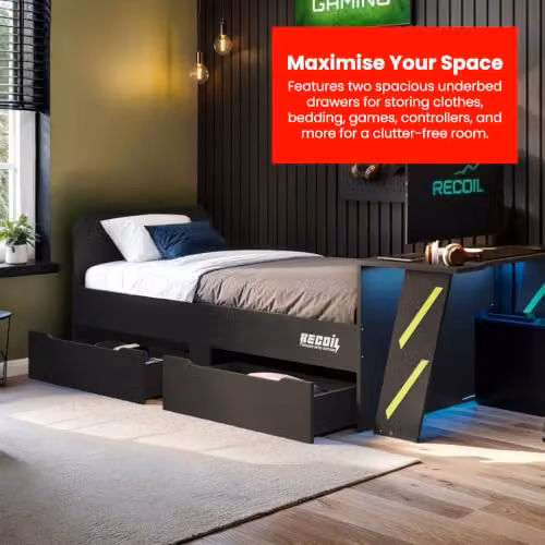 Flair Furnishings Alister Elevated Single Gaming Bed with Desk and Under-Bed Lighting in Anthracite and Green, W/D/H: 90 x 190 x 164.53 cm – 4