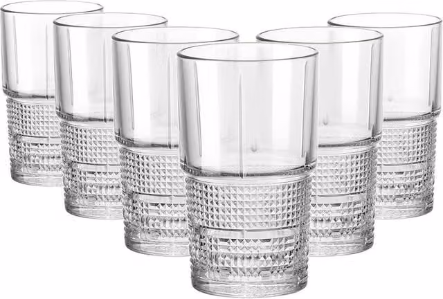 Bormioli Rocco Novecento Geometric Highball Tumbler Glasses, Clear, 405 ml, Pack of 12 – 1