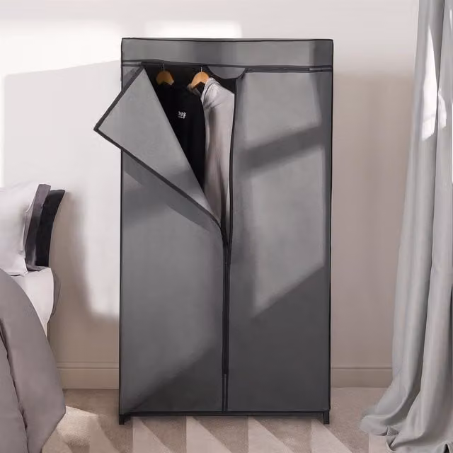 OHS Grey Fabric Single Clothes Storage Wardrobe with Hanging Rod