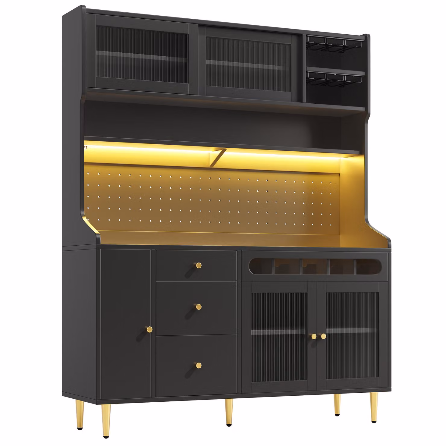 Aosom UK Modern Black Freestanding Highboard with LED Lighting, Adjustable Shelves and Pull-Out Wine Rack, W: 39 cm, D: 39 cm, H: 171 cm – 2