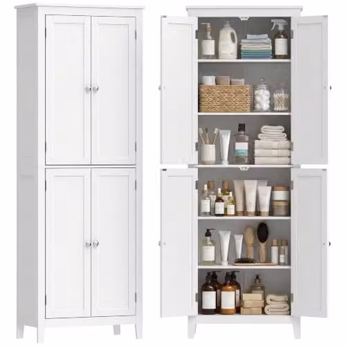 HOMCOM Modern White Freestanding Bathroom Storage Cabinet with Hinged Doors and Internal Shelves, H 170 x W 30 x D 60 cm – 1
