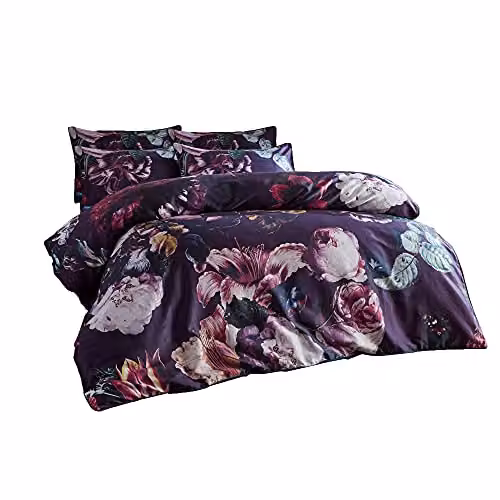 Paoletti Cordelia Floral 100% Cotton Reversible Double Duvet Cover Set with Pillowcases in Purple Multicolour, W/D/H: 140 x 200 cm, Pillowcases: 50 x 75 cm