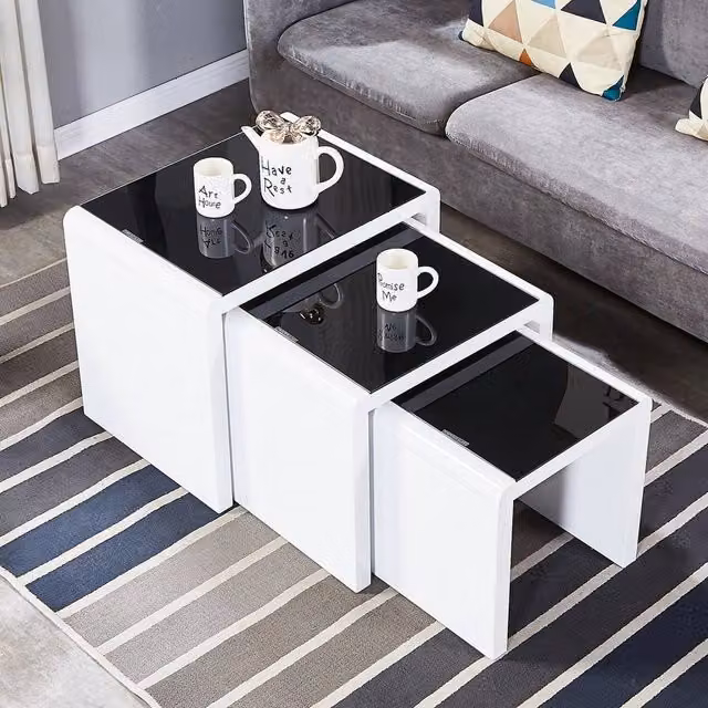Pawnora Nest of 3 Square Coffee Tables with Glossy Black Glass Tops and White Legs
