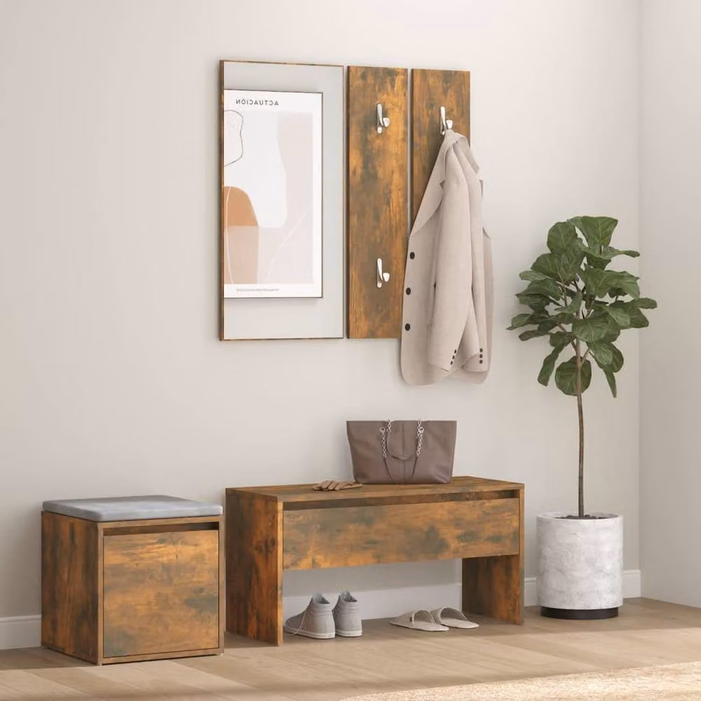 Berkfield Home Hallway Furniture Set in Smoked Oak Brown, including Bench, Mirror and Wall Rack – 2
