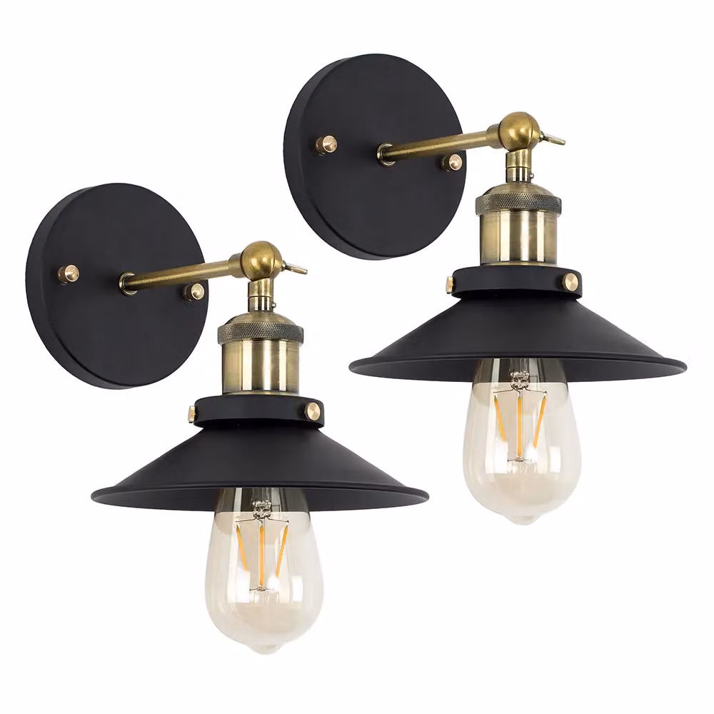 ValueLights Pair of Gold and Black Industrial Metal Indoor Wall Lanterns – 2