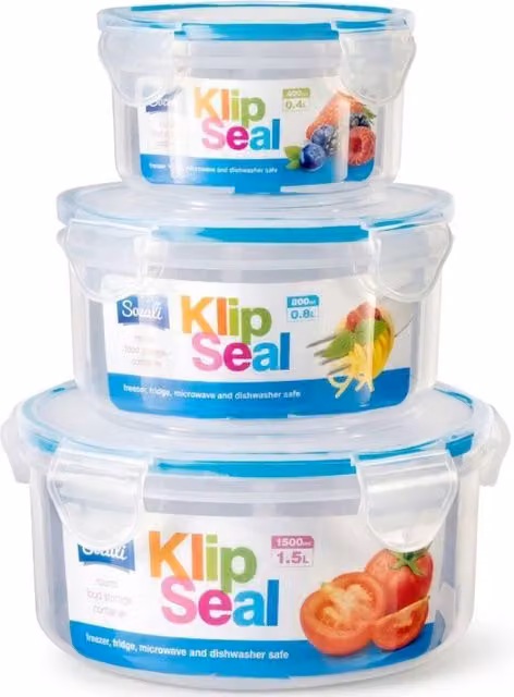 Bedsland SZ 3-Piece Round KlipSeal Airtight Food Container Set, Blue, 1.5 l, 0.8 l and 0.4 l