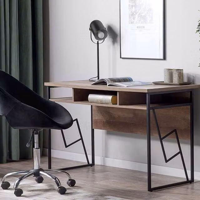 Wyld and Coco Office Writing Desk with 3 Storage Compartments, Brown Laminate Top and Black Iron Frame, W: 120 cm, D: 60 cm – 1