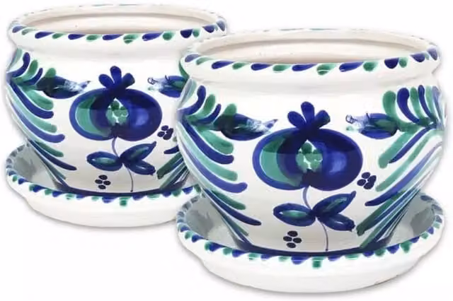 Verano Spanish Ceramics Granada Bola Plant Pots and Drainage Plates in Blue and White Ceramic