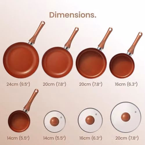 VonShef 8 Piece Non-Stick Copper and Bronze Ceramic Cookware Set with Glass Lids, Induction Safe – 9