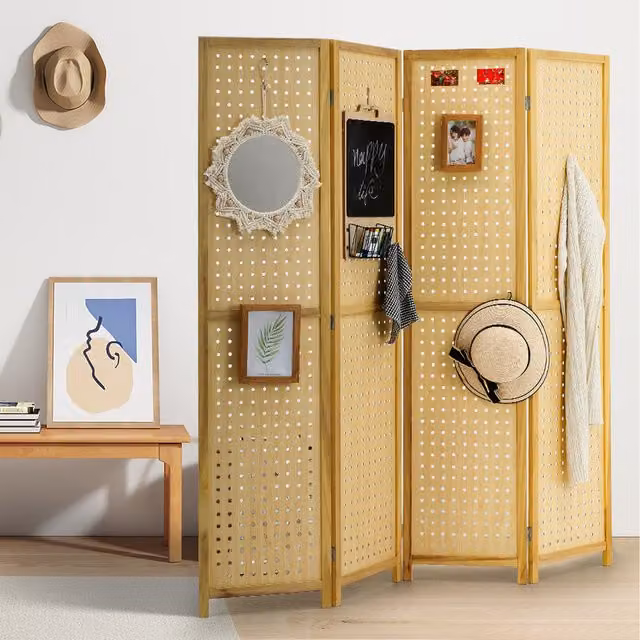 Livingandhome Scandinavian Style 4 Panel Foldable Wooden Room Divider in Brown