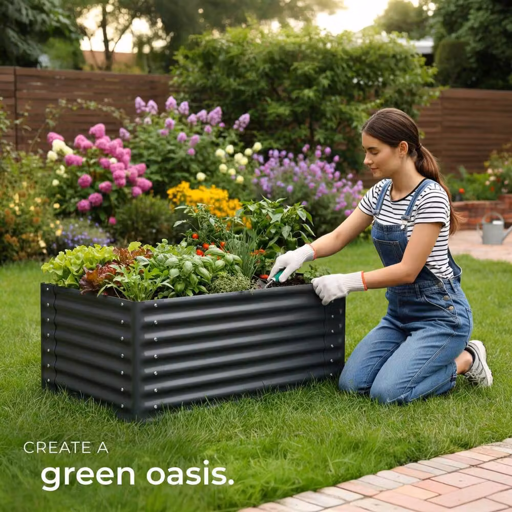 tectake Blomma Raised Garden Bed in Galvanised Steel, Anthracite Grey – 8
