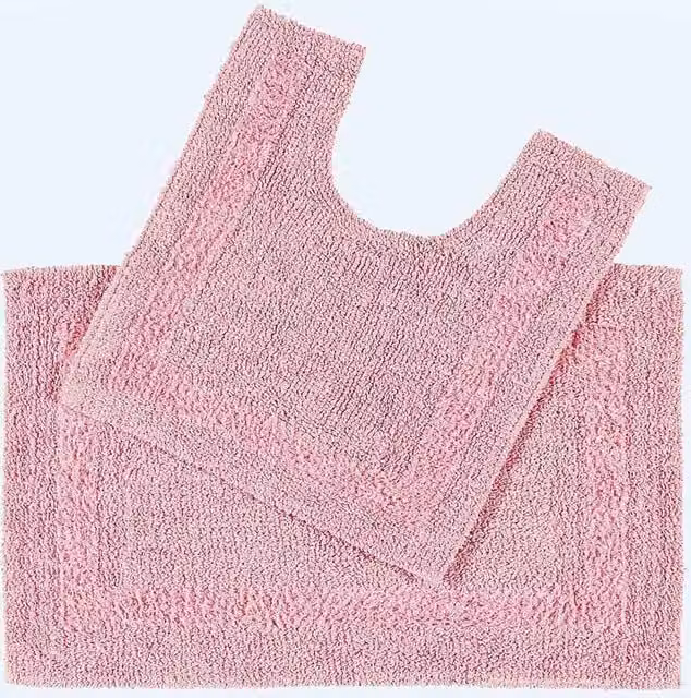 Homescapes Luxury 2-Piece Cotton Bath Mat and Pedestal Mat Set, Pink, 1600GSM, Reversible and Non-Slip