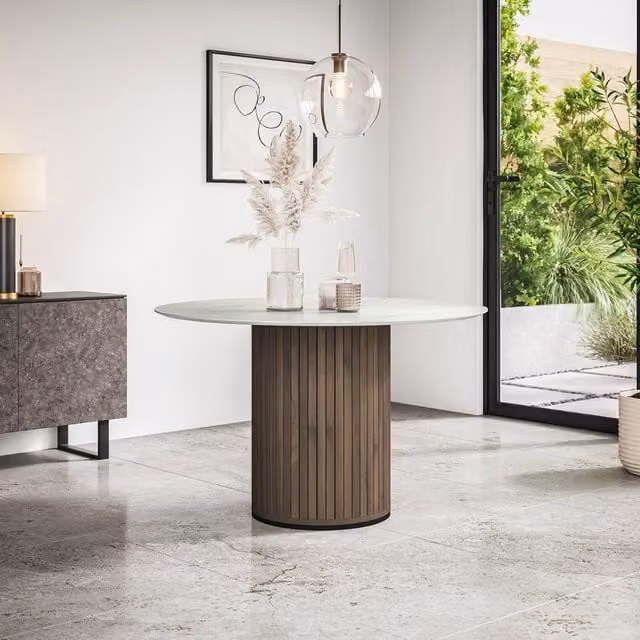 More4Homes Arlo Round Dining Table in White with Walnut Legs, Diameter: 120 cm, Height: 75 cm