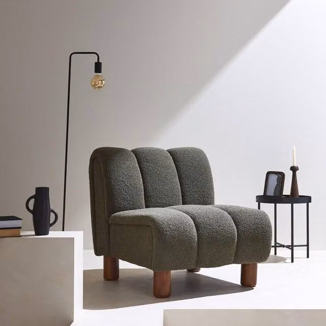 sweeek Wooden Armchair with Rounded Legs in Khaki Bouclé Fabric – 1