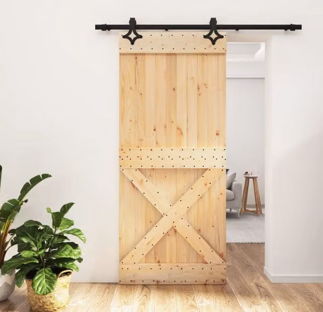 Berkfield Home Modern Sliding Door with Hardware Set, Solid Wood and Steel, Brown, W: 90 cm, H: 210 cm