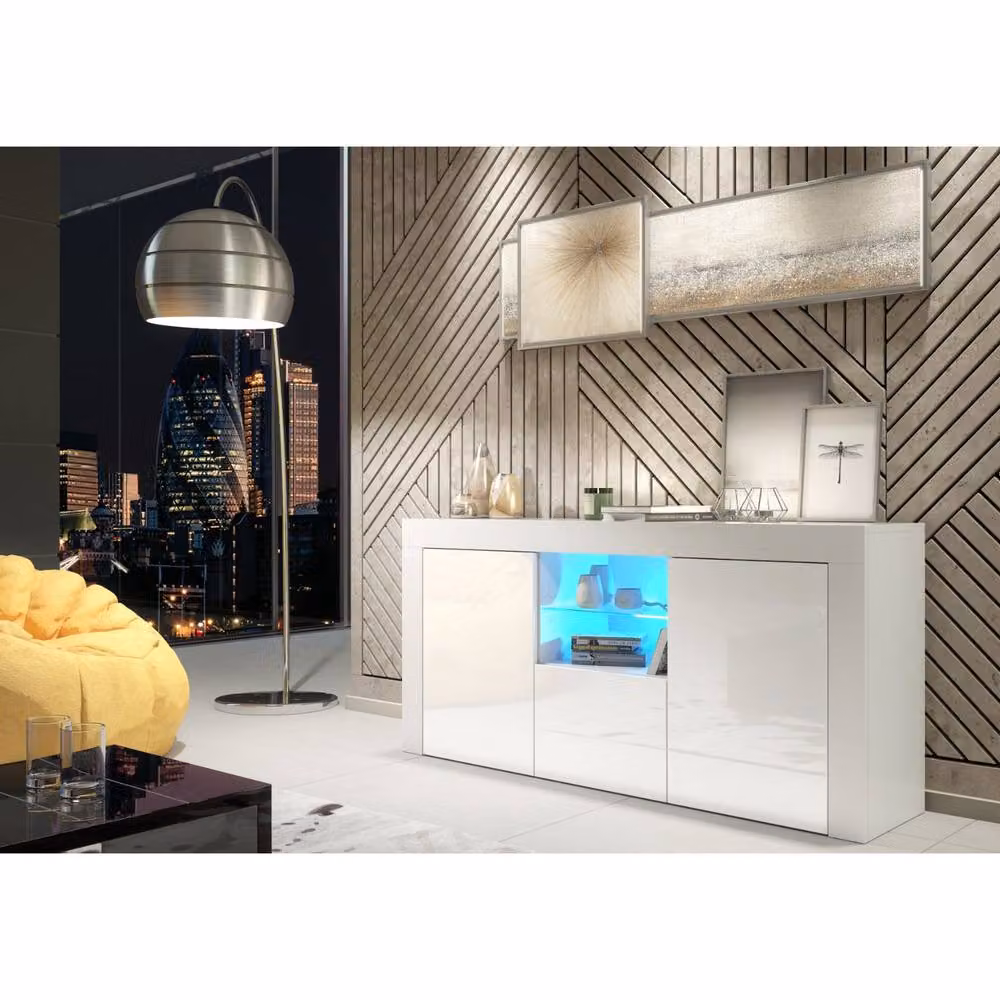 Mex Furniture LTD Aurora Sideboard in White with Glossy Doors and Integrated LED Lighting, W: 145 cm, H: 70 cm, D: 35 cm – 2