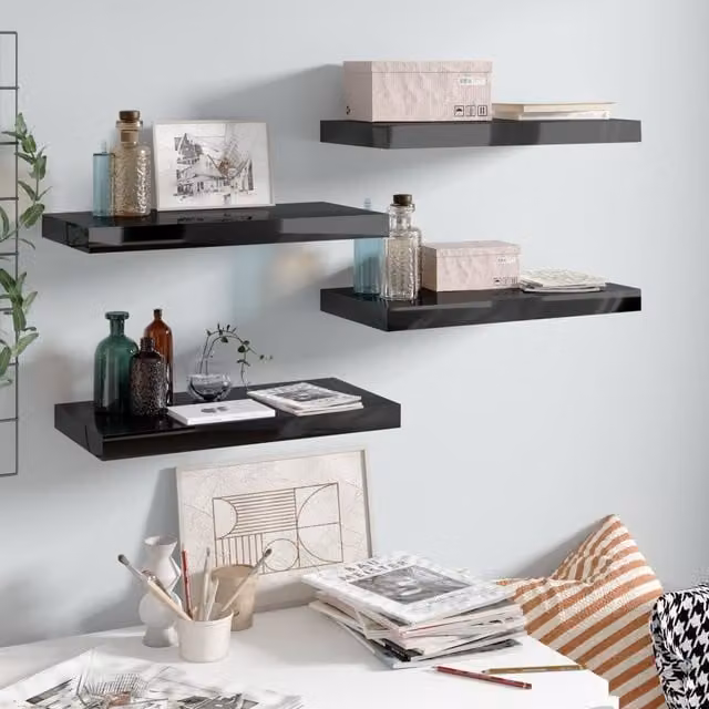 Berkfield Home Set of 4 Floating Wall Shelves in High Gloss Black MDF, W: 50 cm, D: 23 cm, H: 4 cm – 1