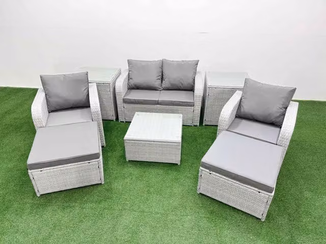 Fimous 6 Seater Grey PE Rattan Garden Furniture Set with Upholstered Cushions, 2 Seater Sofa, Lounge Armchair, Coffee Table and Ottomans