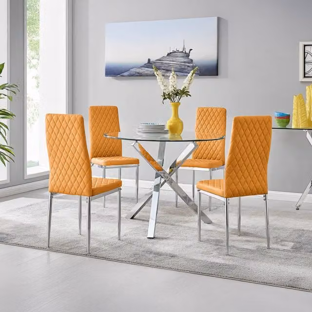 FurnitureboxUK Selina Chrome Round Glass Dining Table and Four Milan Chairs Set in Mustard Yellow