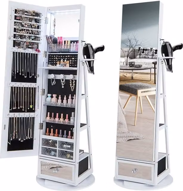 Costway White Floor Standing Swivel Jewelry Armoire with Full Length Mirror, LED Lighting and Lockable Storage – 1