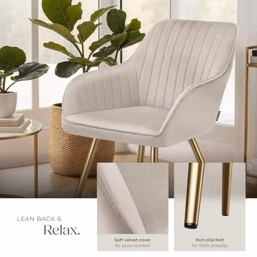 tectake Set of 6 Marilyn Dining Chairs with Velvet Fabric and Gold Metal Legs in Taupe – 4