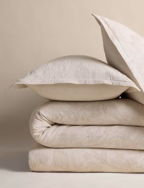 M&S Beige Pure Cotton Floral Matelassé Jacquard Bedding Set