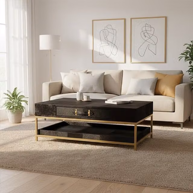 Fifty Five South Orsina Black Hair On Hide Rectangular Coffee Table with Gold Frame